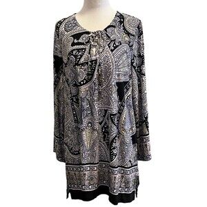 Susan Graver Large Paisley Printed 3/4 Sleeve Liquid Knit Top w/ Lacing Black